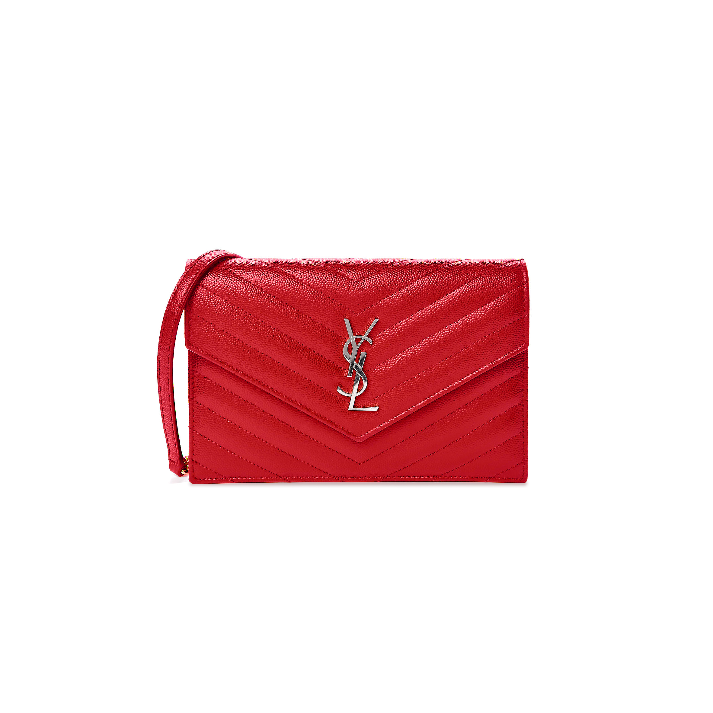 YSL CASSANDRE MATELASSÉ ENVELOPE CHAIN WALLET IN GRAIN DE POUDRE EMBOSSED LEATHER 695108406611 (19*12.5*3.5cm)