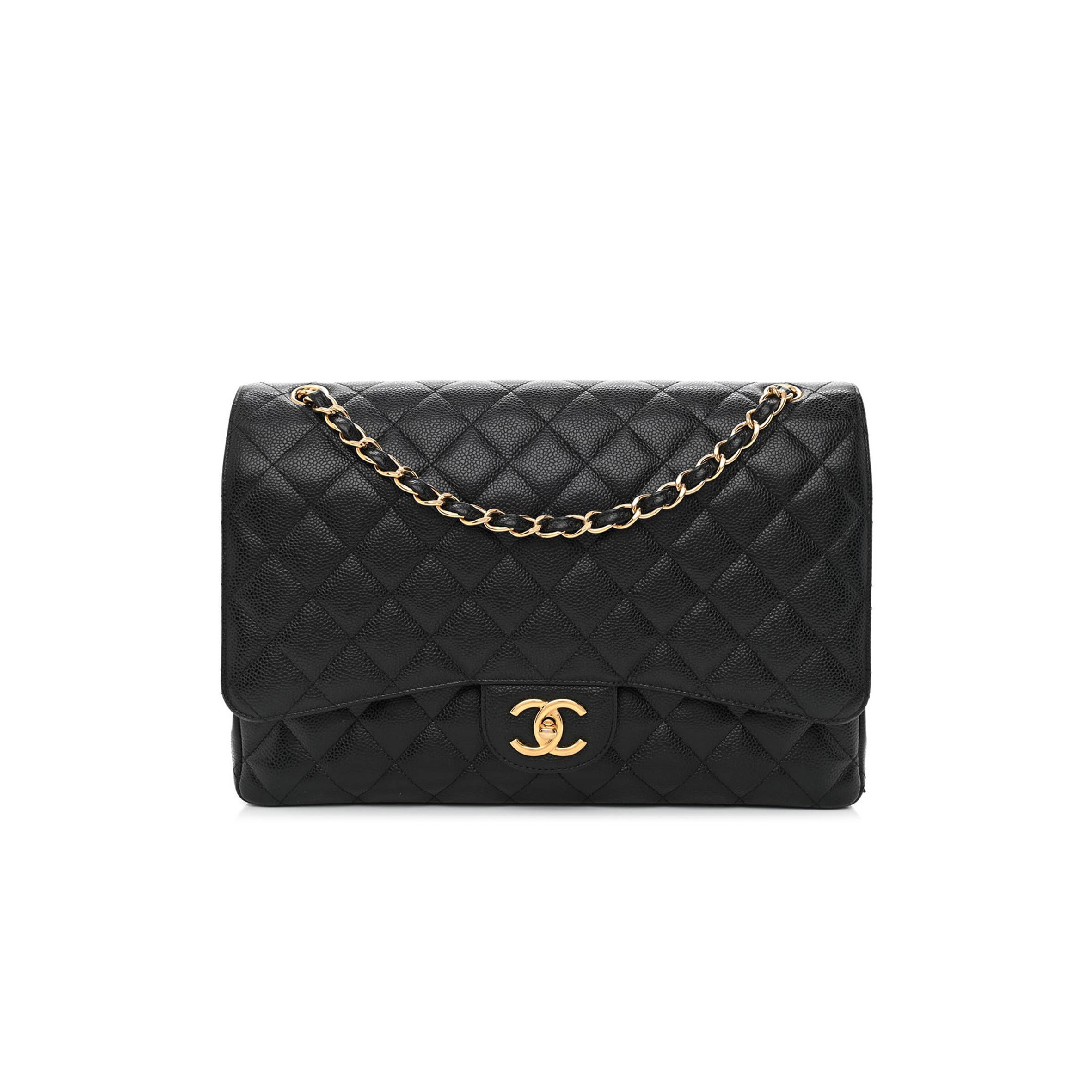 CHANEL CAVIAR QUILTED MAXI DOUBLE FLAP BLACK GOLD HARDWARE (33*22*10cm)