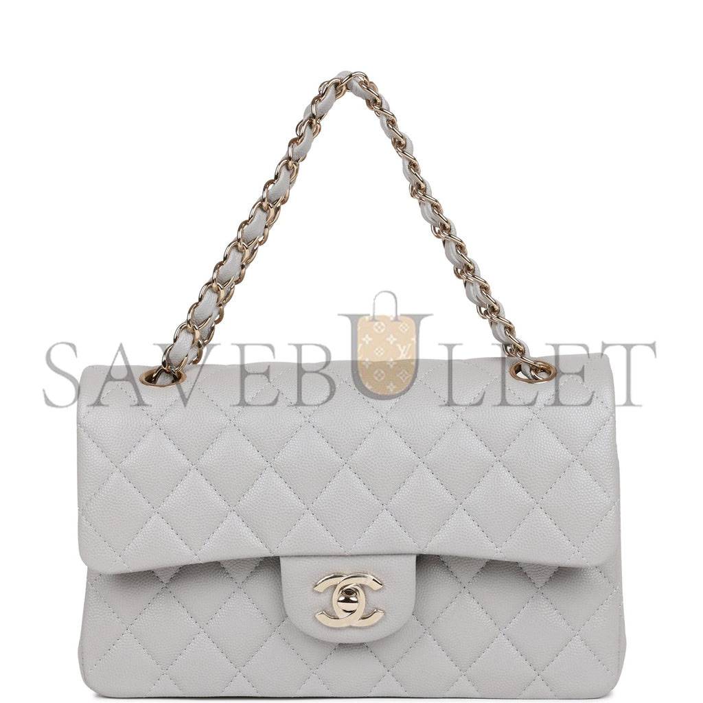 CHANEL SMALL CLASSIC DOUBLE FLAP GREY CAVIAR LIGHT GOLD HARDWARE (23*13*6cm)