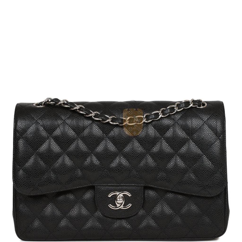 CHANEL JUMBO CLASSIC DOUBLE FLAP BAG BLACK CAVIAR SILVER HARDWARE (30*20*9cm)