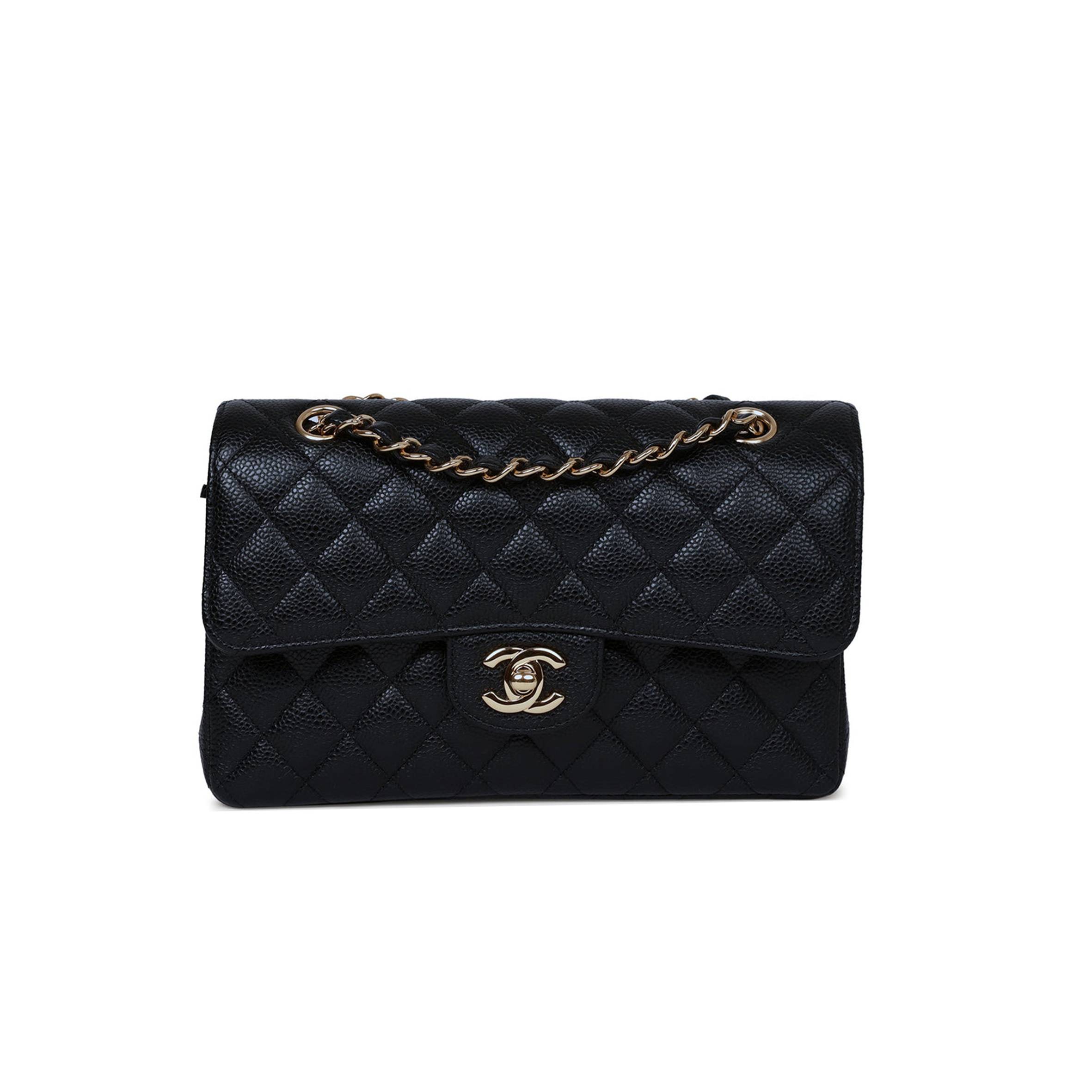 CHANEL SMALL CLASSIC DOUBLE FLAP BAG BLACK CAVIAR GOLD HARDWARE (23*15*6cm)