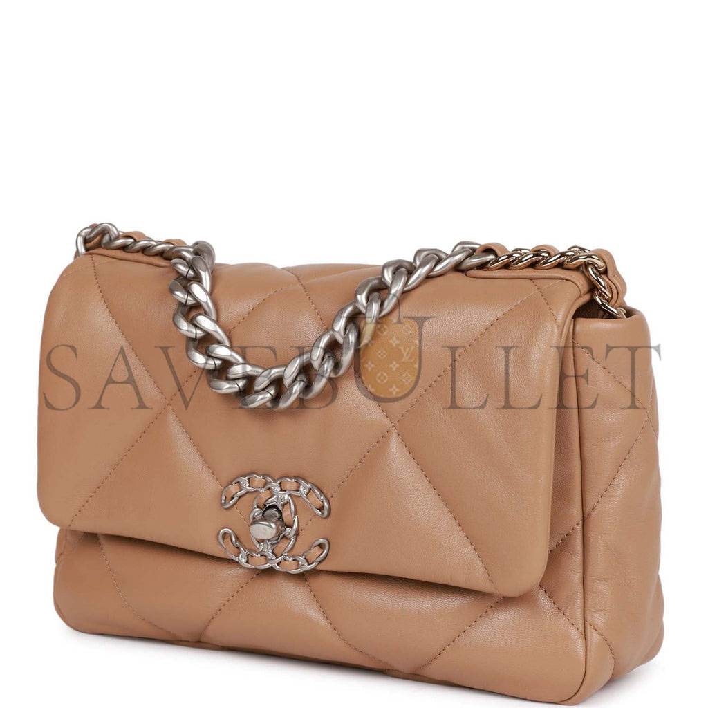 CHANEL MEDIUM 19 FLAP BAG BEIGE CALFSKIN MIXED HARDWARE (25*16*9cm)