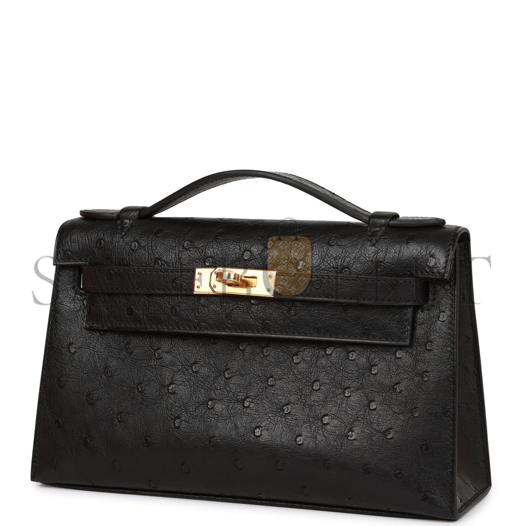 HERMES KELLY POCHETTE BLACK OSTRICH GOLD HARDWARE   (22*12*13cm)