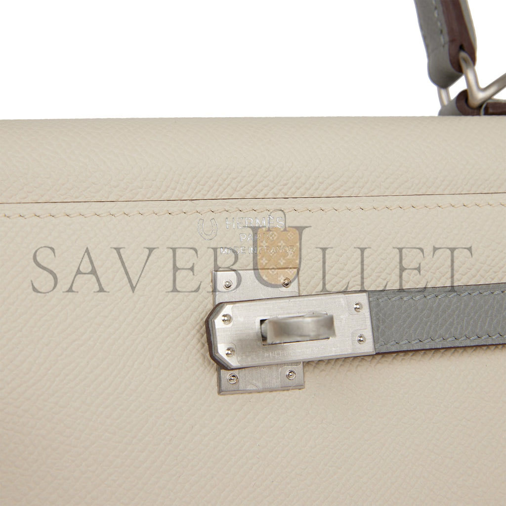 HERMES SPECIAL ORDER (HSS) KELLY SELLIER 25 CRAIE AND GRIS MOUETTE EPSOM BRUSHED PALLADIUM HARDWARE HANDMADE (25*17*7cm)