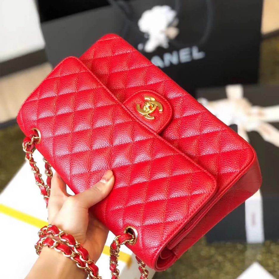 CHANEL CLASSIC FLAP SMALL RED CAVIAR LEATHER GOLD HARDWARE (23*14.5*6cm)