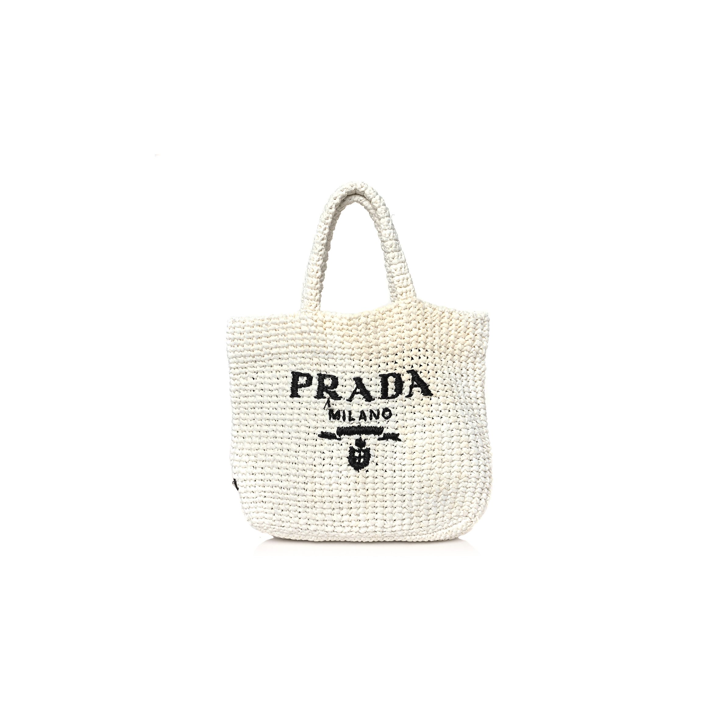 PRADA YARN RAFFIA EFFECT CROCHET EMBROIDERED SMALL LOGO TOTE WHITE (25*23*8cm) PRADA YARN RAFFIA EFFECT CROCHET EMBROIDERED SMALL LOGO TOTE WHITE (25*23*8cm)