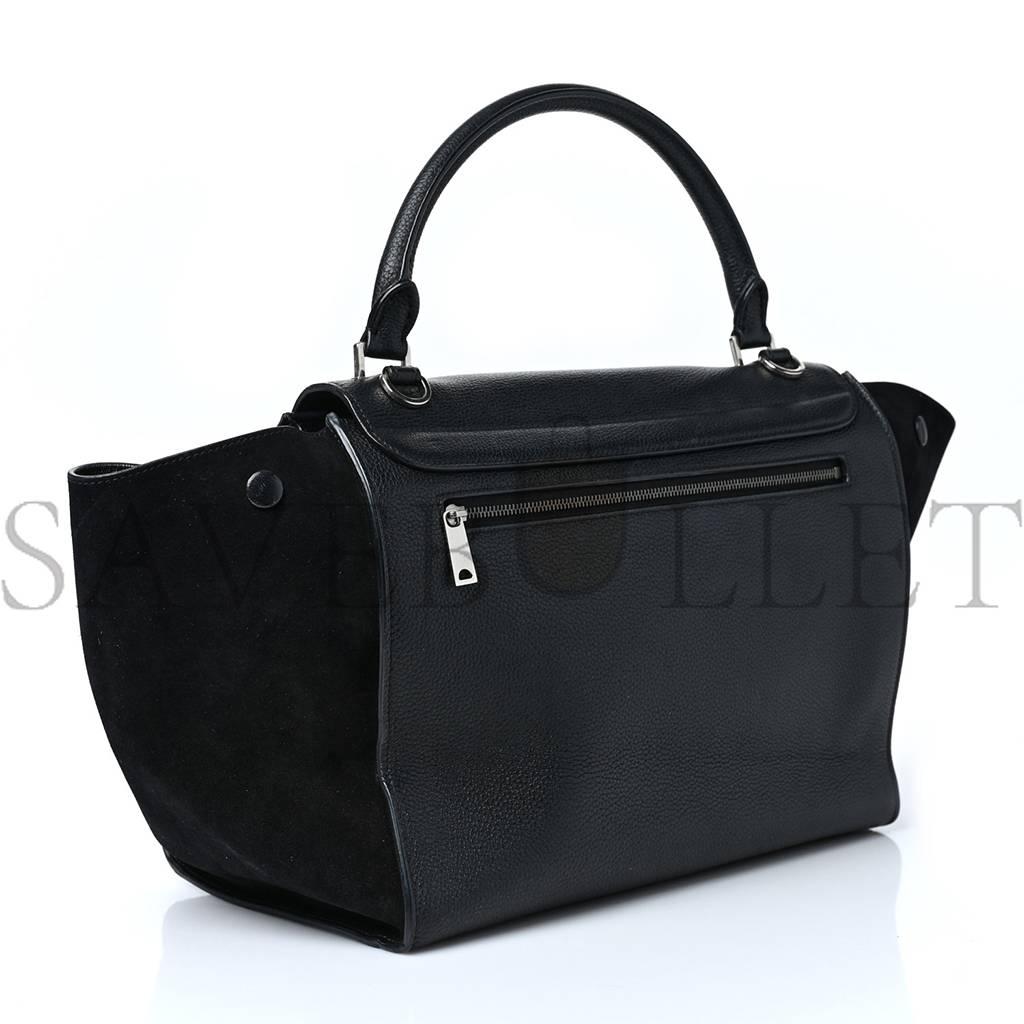 CELINE DRUMMED CALFSKIN SUEDE MEDIUM TRAPEZE BLACK (30*22*18cm)