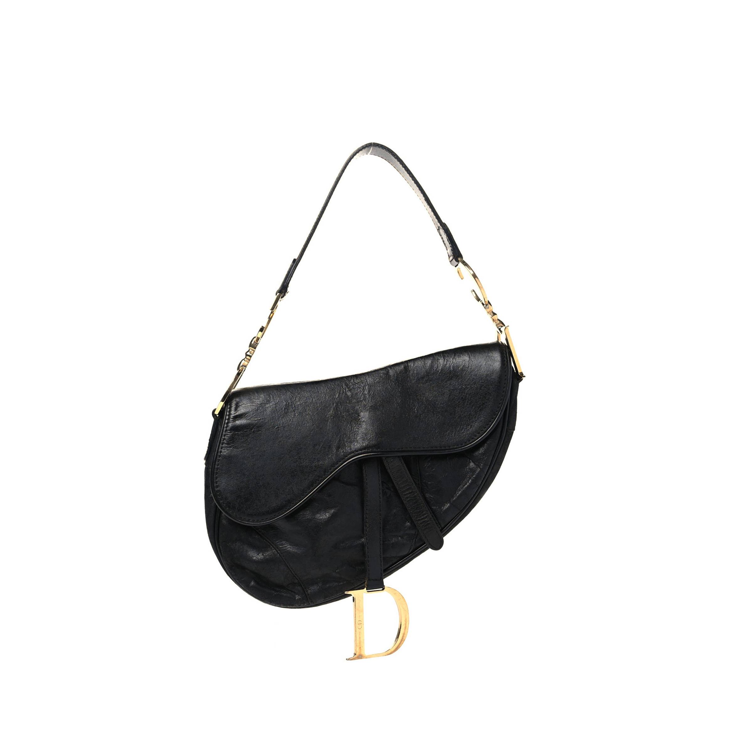 DIOR SHINY GOATSKIN SADDLE BAG BLACK (25*19*3.8cm)