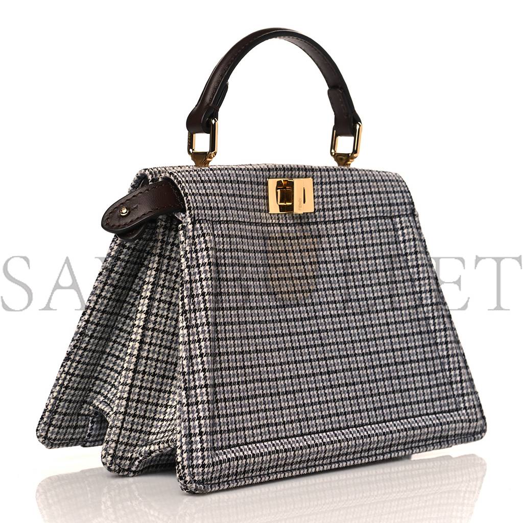 FENDI WOOL FABRIC JACQUARD CUOIO HOUNDSTOOTH FF 1974 PETITE PEEKABOO I SEE U SATCHEL GREY BLACK (20*15*11cm)